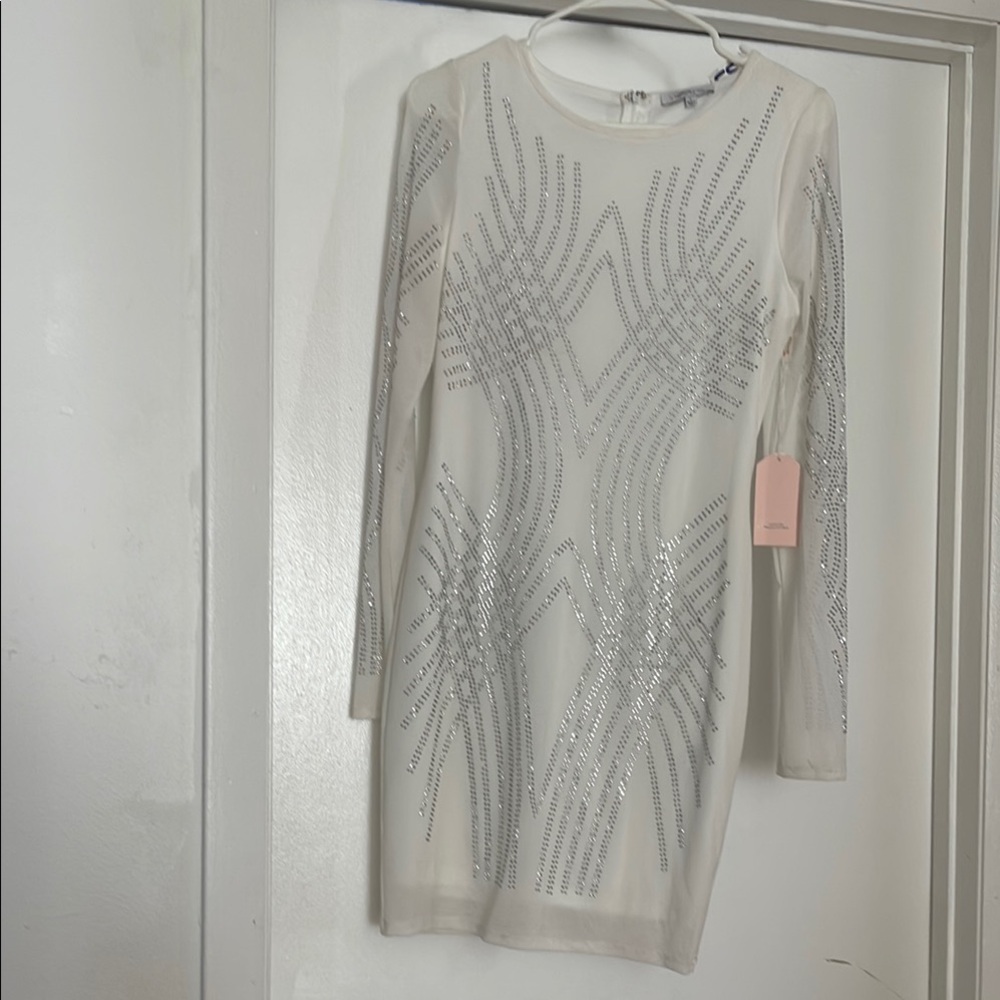 Elegant White and Silver Long Sleeve Dress